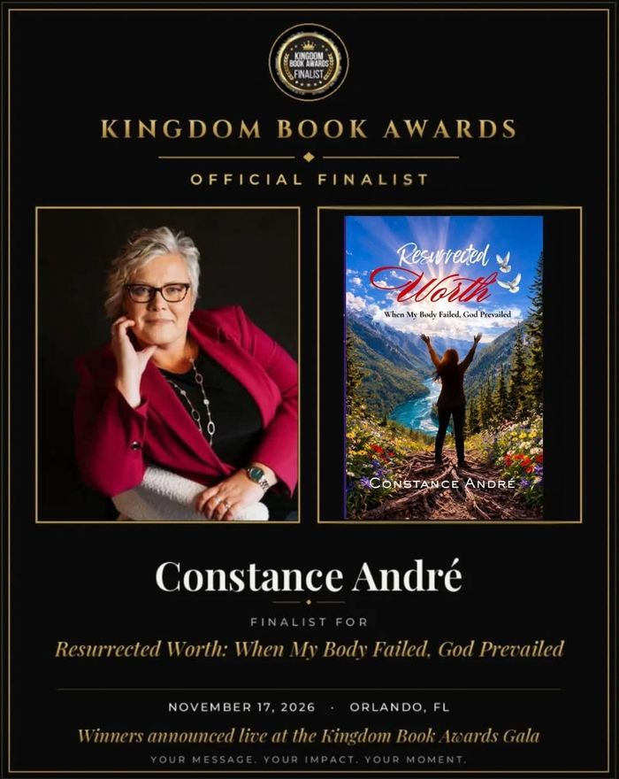 Kingdom Book Awards Official Finalist graphic for Constance André's Resurrected Worth, announcing the winners' gala on November 17, 2026 in Orlando, Florida