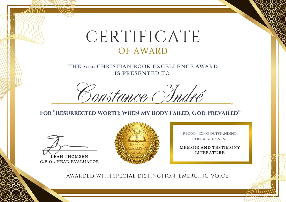 2026 Christian Book Excellence Award certificate presented to Constance André for Resurrected Worth, awarded with Special Distinction: Emerging Voice