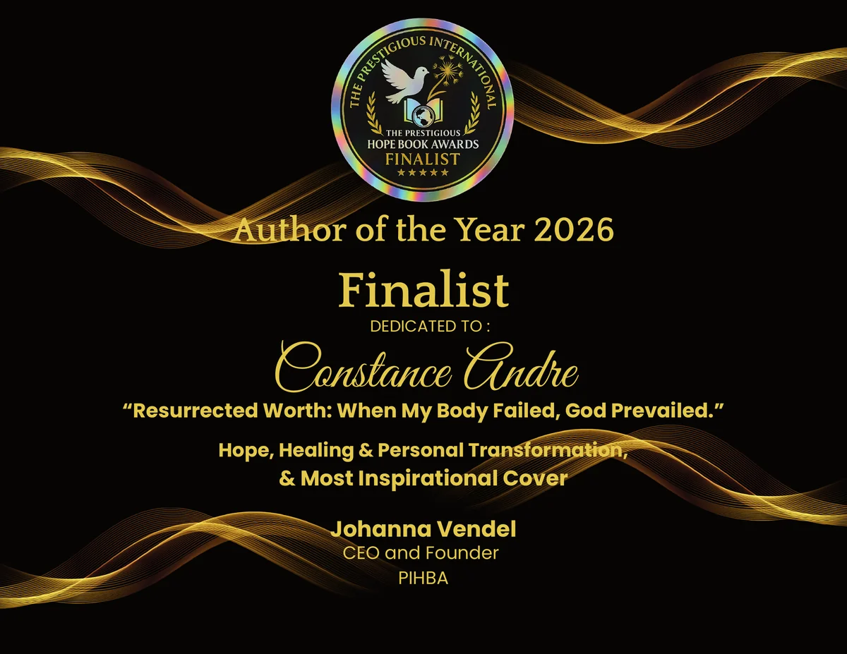 Author of the Year 2026 Finalist certificate, dedicated to Constance André by PIHBA
