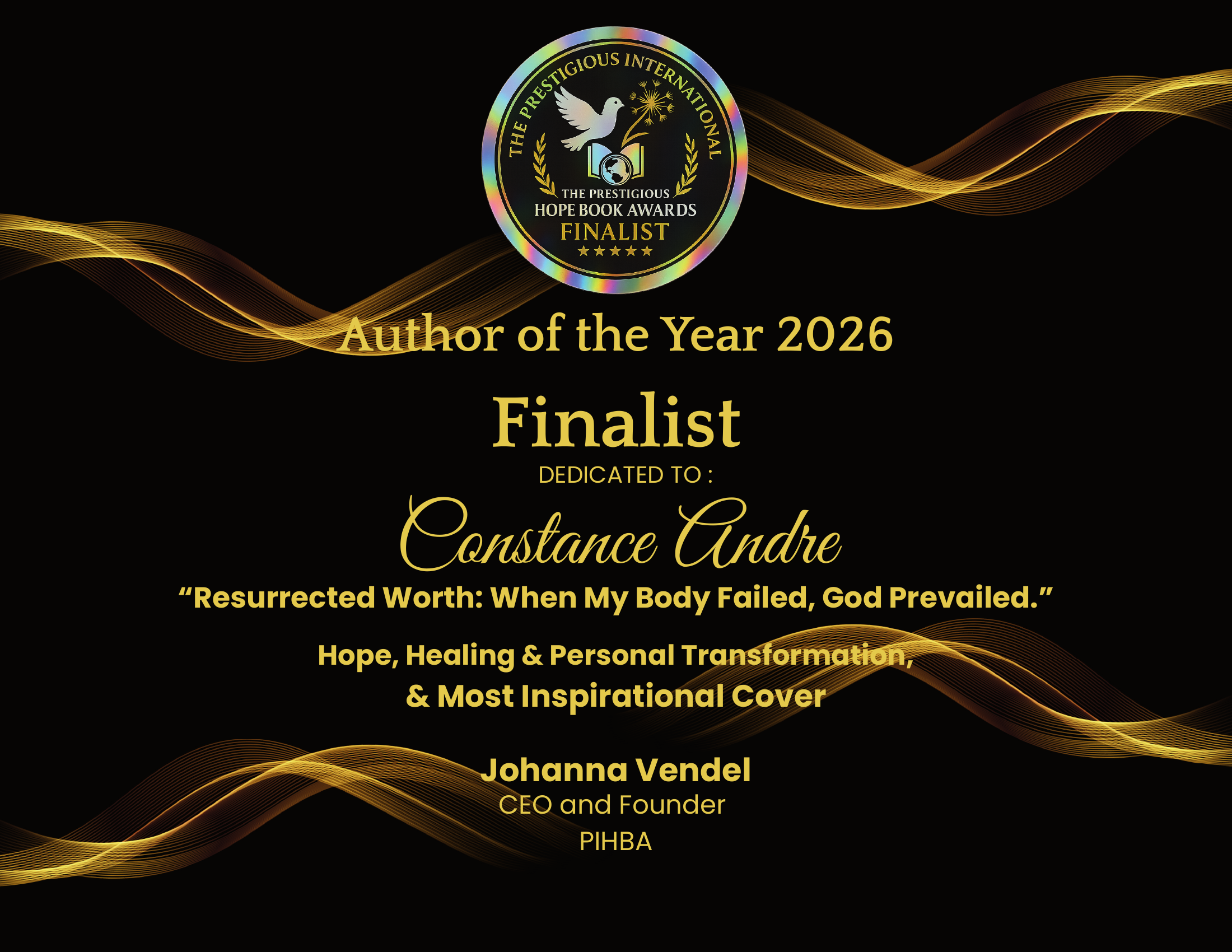 Author of the Year 2026 Finalist certificate, dedicated to Constance André by PIHBA