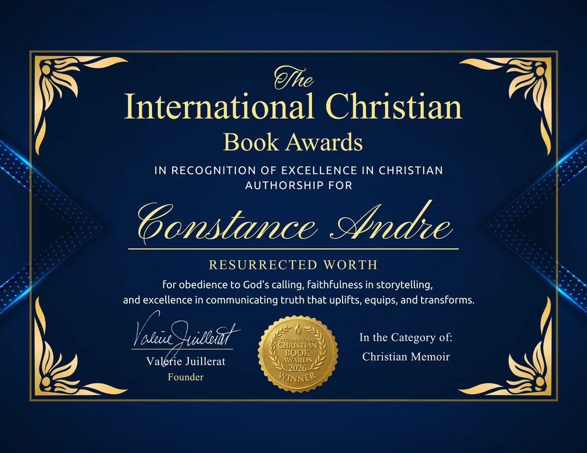 International Christian Book Awards 2026 certificate presented to Constance André for Resurrected Worth in the category of Christian Memoir