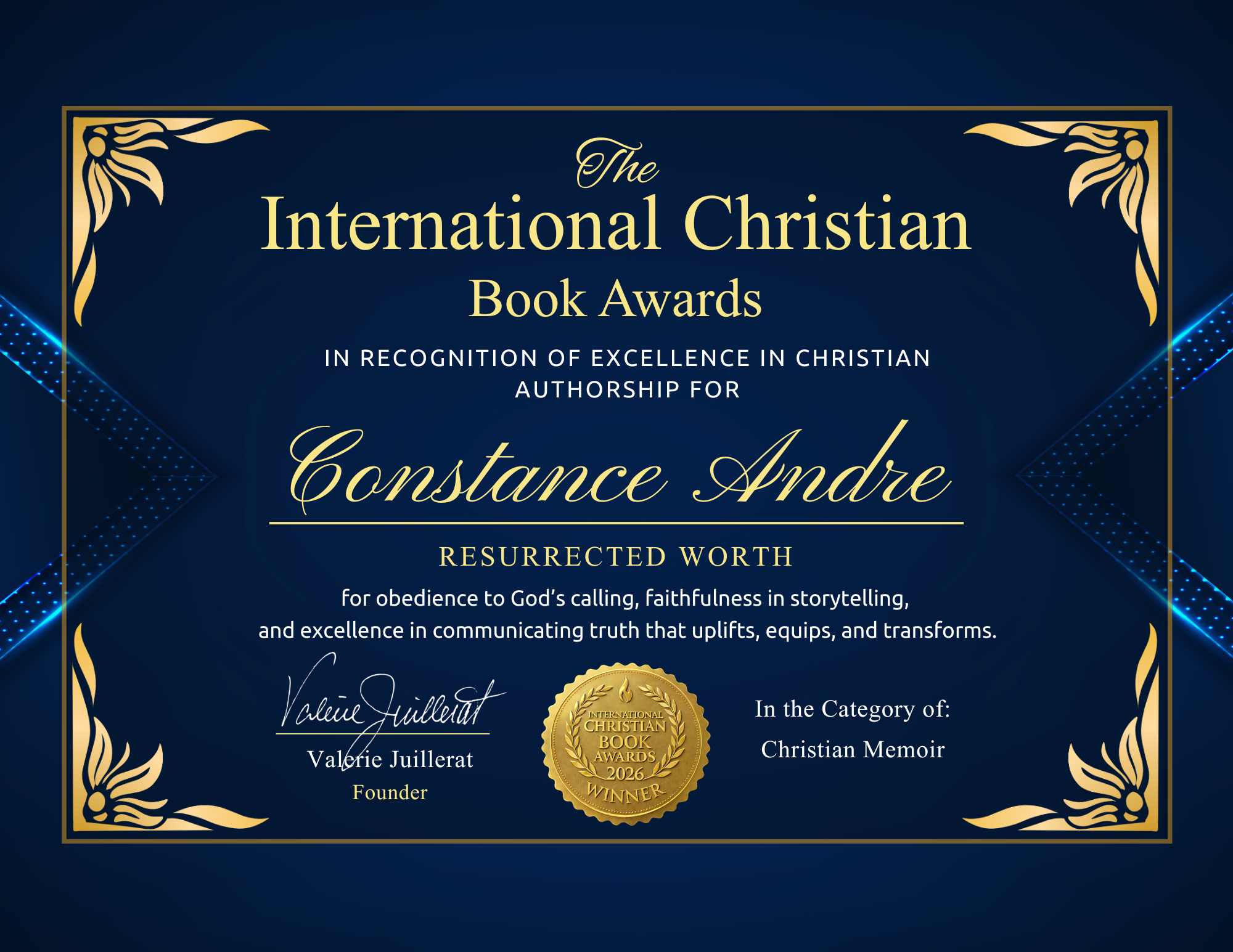 International Christian Book Awards 2026 certificate presented to Constance André for Resurrected Worth in the category of Christian Memoir