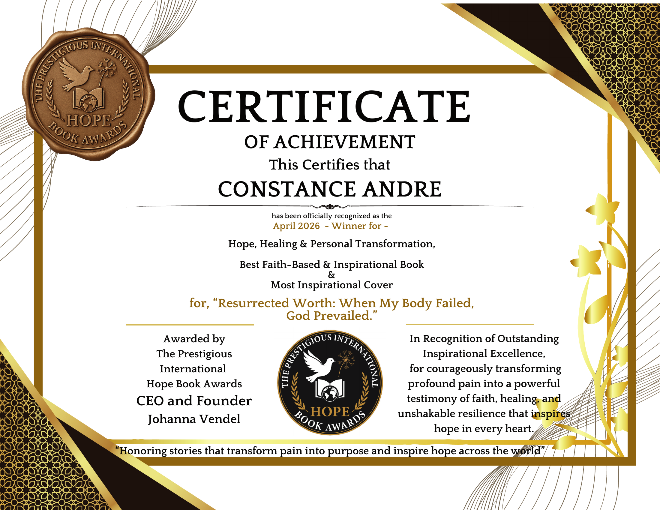 Certificate of Achievement—Constance André, April 2026 Winner, awarded by PIHBA