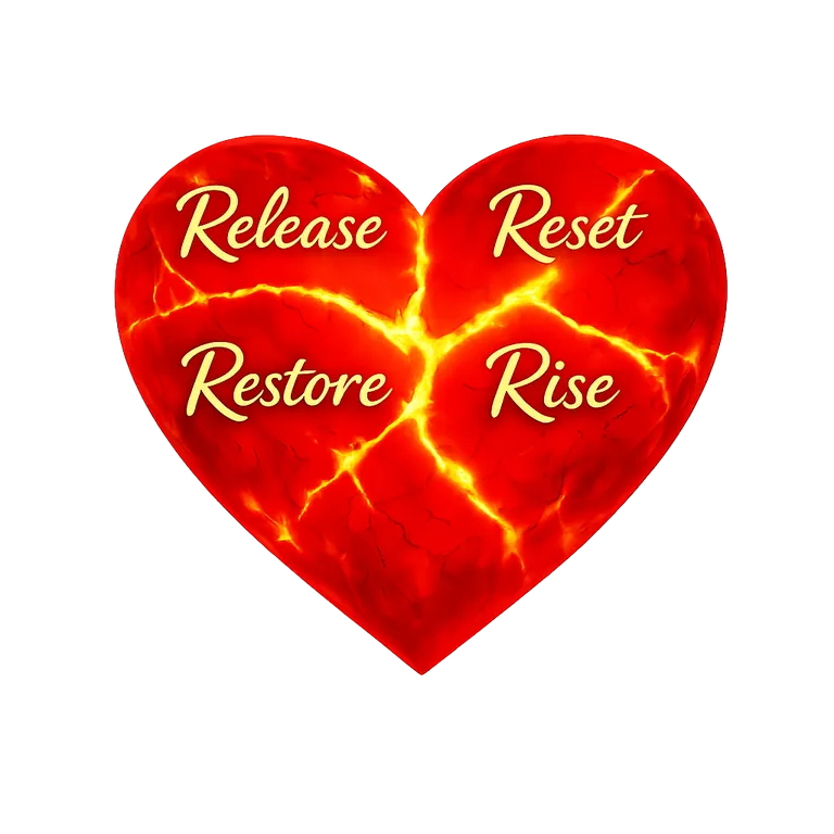 Heart divided into four quadrants: Release, Reset, Restore, Rise