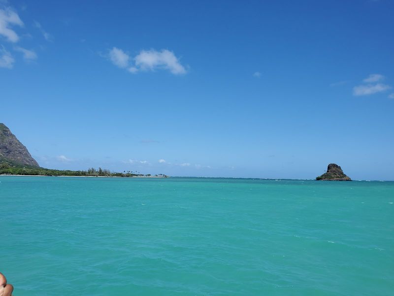 Quiet bay with rolling green hills at the shoreline